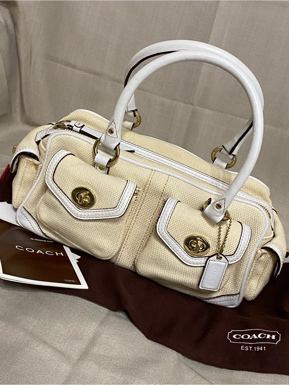 Coach Legacy Gallery Satchel Double Pocket Woven Canvas Leather Cream/White/Pink